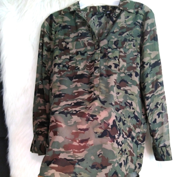 A New Approach Green Camouflage Long Sleeve Front Button Sheer Shirt Size PS - Picture 4 of 10